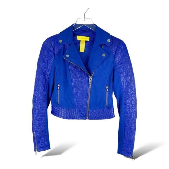 Catherine Malandrino Yellow Label Blue Lambskin & Rayon Cropped Moto Jacket Sz 2 - Picture 1 of 8
